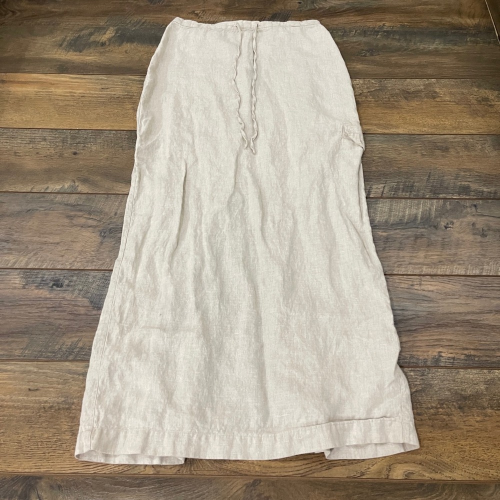 Express World Brand 100% Linen Maxi Skirt Beige Drawstring Cargo Pocket Size 7/8